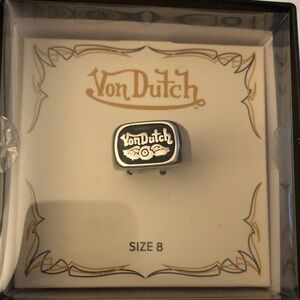 Von Dutch Silver Stainless Steel Signet Ring Flying Eyeball & Logo Size 8 NWT